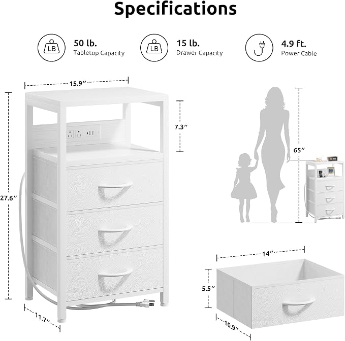 Lazzanto Night Stand with Charger Station, 3 Fabric Drawers, White - Image 2