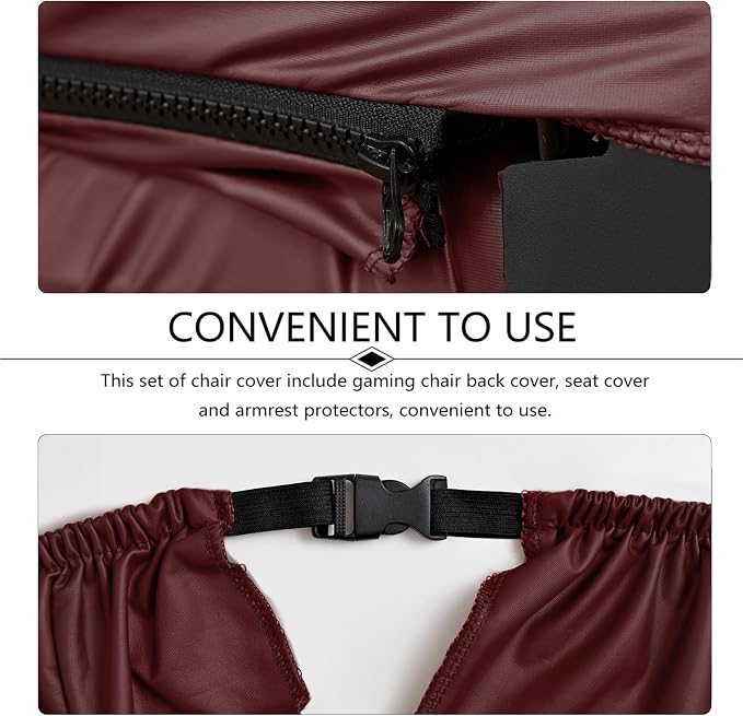 Waterproof PU Leather Gaming Chair Cover, Ergonomic Office Computer Game Chair Slipcovers, 4pcs Set Anti-Slip Stretchy Covers for Reclining Racing Gaming Chair (Wine Red) - Image 3