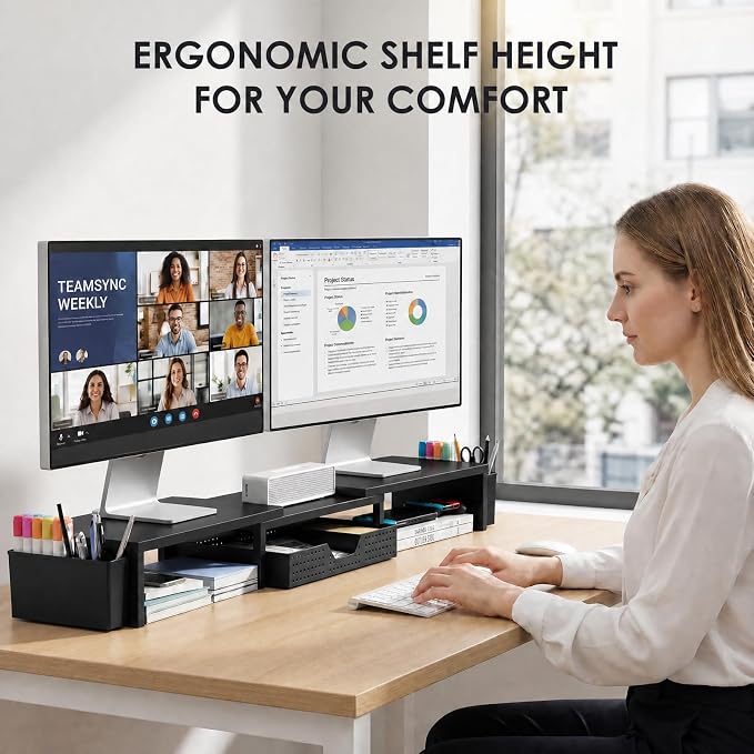 OPNICE Desk Organizers and Accessories, Dual Monitor Stand Riser with Drawer and 2 Pen Holders, Desk Shelf Computer Racks for Office Workspace Organizers, Desktop Organization (Black) - Image 3