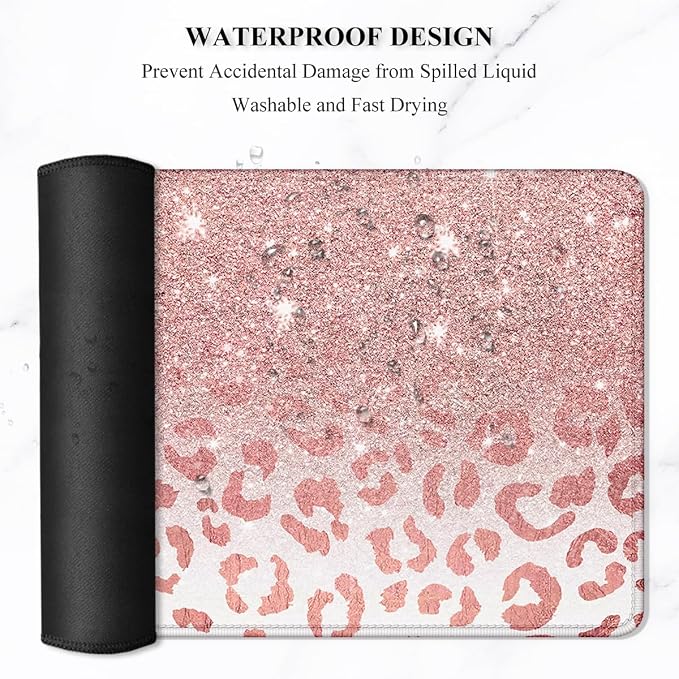Auhoahsil Large Mouse Pad, XXL Desk Pad, Extened 35" x 15", Non-Slip Rubber Base, Stitched Edges, Superior Surface, Waterproof Keyboard Mat, Large Mousepad for Gamer, Office & Home, Pink Gold Leopard - Image 6