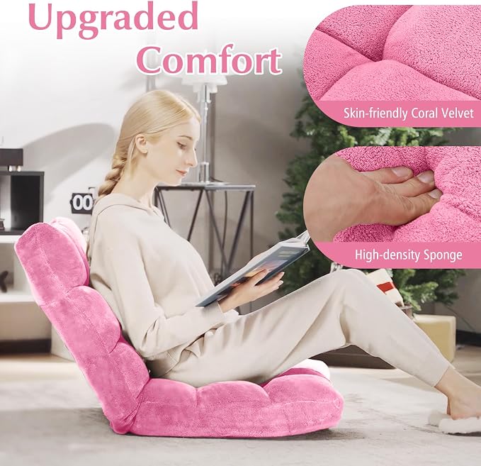 14-Position Floor Sofa, Folding Gaming Sofa Chair, Comfy Cushions & Study Steel Frame, Angle Adjustable Sleeper Bed, Couch Recliner (Pink) - Image 5