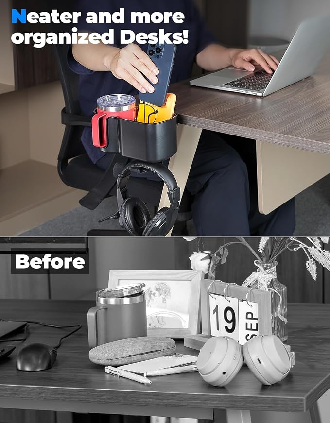 KEMIMOTO 3-in-1 Desk Cup Holder and Headphone Hanger, Fits 18-32 oz Cups - Image 5