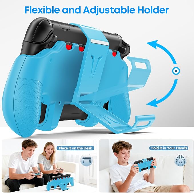 OIVO Grip Compatible with Nintendo Switch 2, Switch 2 Ergonomic Grip Case with Adjustable Stand, Comfort Game Accessories with 5 Game Card Slots and 4 Thumb Caps, Blue - Image 4