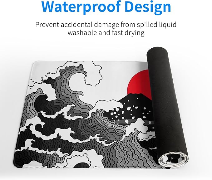 Japanese Red and Black Wave Gaming Mouse Pad Extended Large Mouse Mat Desk Pad Sea Texture Non-Slip Rubber Base Wave Mousepad Stitched Edges Keyboard Desk Pad for Office Home Game 27.6x11.8 Inch - Image 4