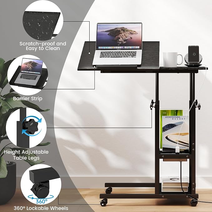 Hadulcet Adjustable C Table with Charging Station, Tiltable Desk C Shaped End Table for Couch, Over Bed Stand with Wheels Adjustable Height, Hospital Table Laptop Stand Drawing Desk, Black - Image 9