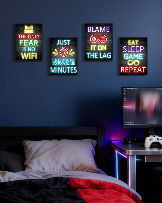 Video Gamer Room Decor for Teen Boys Gaming Wall Art Gamer Neon Sign Teenage Bedroom Decor Ready to Hang Set of 4, 11x14in (Black Framed) - Image 6