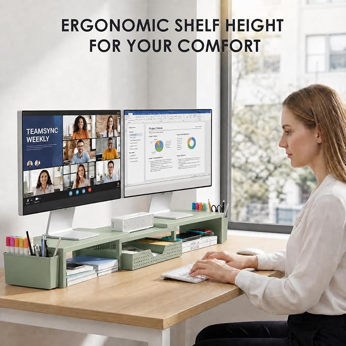 OPNICE Desk Organizers and Accessories, Dual Monitor Stand Riser with Drawer and 2 Pen Holders, Desk Shelf Computer Racks for Office Workspace Organizers, Desktop Organization (Sage Green) - Image 2