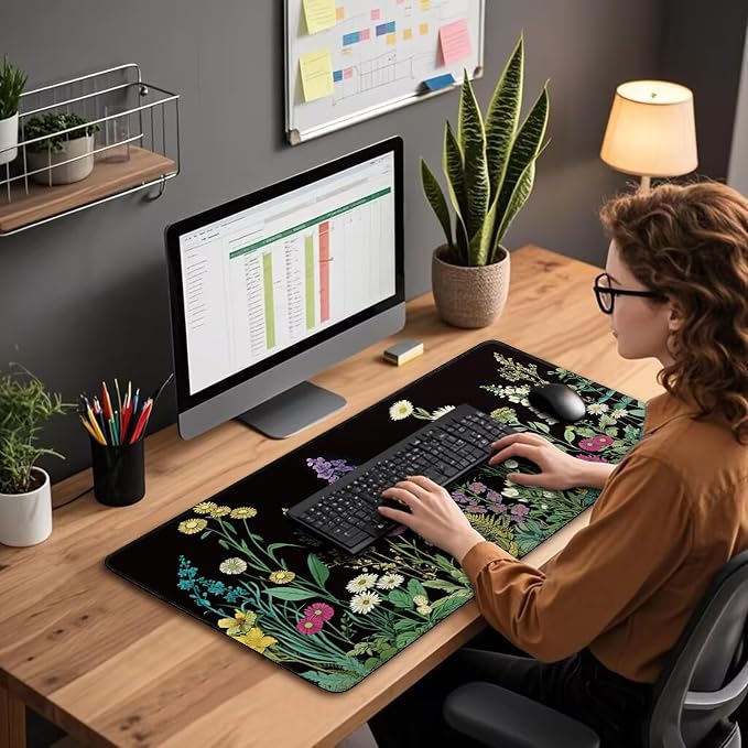 Wildflower Black Large Gaming Mouse Pad Desk Mat 31.5"x15.7" | Extended Mousepad, Non-Slip Rubber Base , Stitched Edges, for Computer/Laptop/Office/Home - Image 2