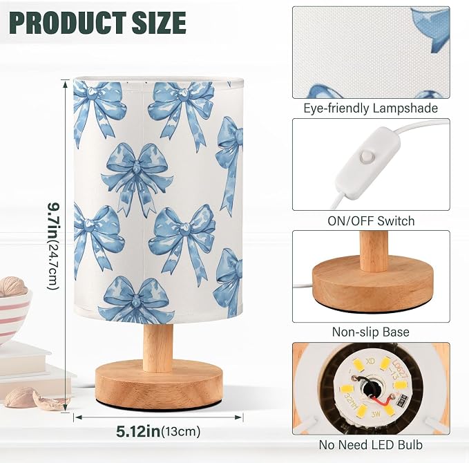 Bedside Table Lamp Blue Bows Printed Nightstand Lamp with Wood Desk Lamps for Bedroom Living Room Nursery Office Home Decor - Image 3