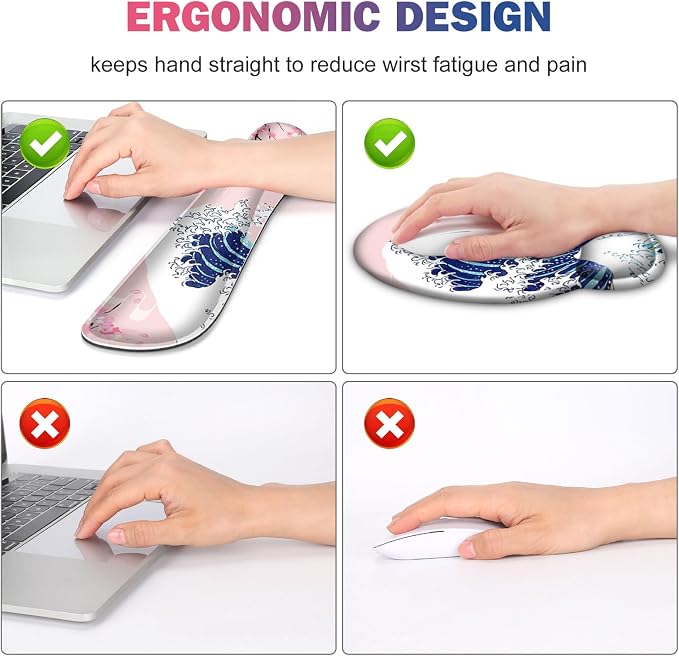 Gaming Mouse Pad, Large Desk Mat, Cute Desk Pad Protector, Pink Cherry Blossoms XXL Mousepad + Keyboard Wrist Rest+Mouse Wrist Rest+Coaster Set with Ergonomic Desk Pad, Japanese Wave of Kanagawa - Image 4