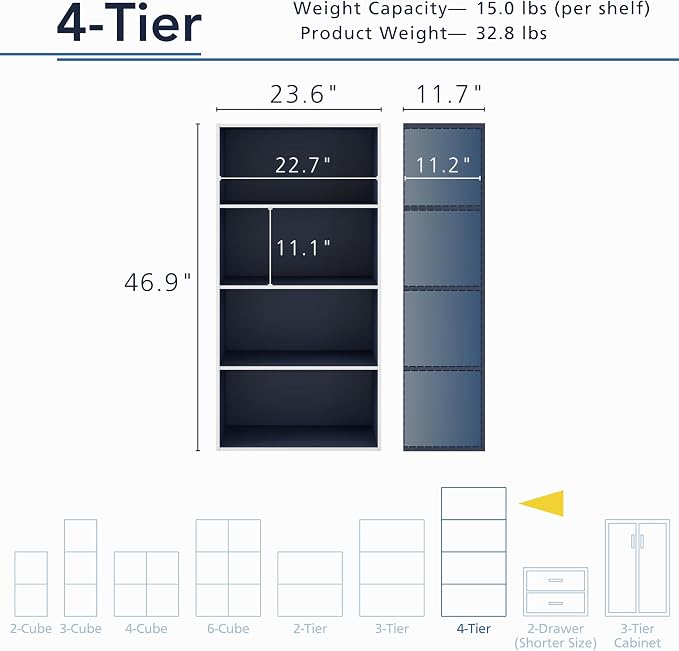 Homes: Inside + Out Apexa 4-Tier Cube Storage Organizer Shelves, Stackable Wood Bookcase Fits Cubby Bins for Organization, Dorm Teen Room Decor & Home Office, Steel Blue - Image 3
