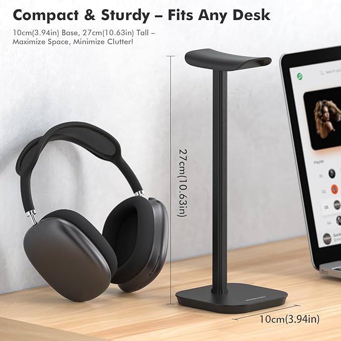 Headphone Stand, Desktop Headset Holder Heavy Base Desk Earphone Stand Aluminum Gaming Headset Hanger Rack for AirPods Max, AirPods, AirPods Pro, Sony, Beats, Bose, Razer and More(Black) - Image 2