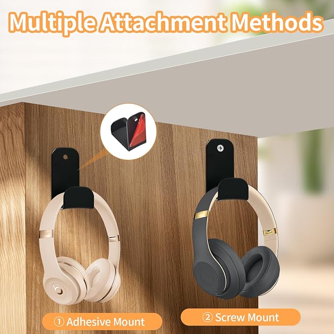 Headphone Stand, Adhesive Headphones Holder with Rubber Pad, Sticky Headset Hook for Desk or Wall, Headsets Hanger with Screws, Gaming Desk Accessories for All Headphone - Image 3