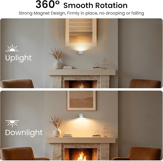 Koopala 2PACK LED Wall Lamps with Rechargeable Battery Operated, Wall Mounted Lights with 3 Brightness 3 Color Temp Removable Charging 360°Rotate Magnetic, Cordless Wall Sconces for Reading Bedside - Image 7