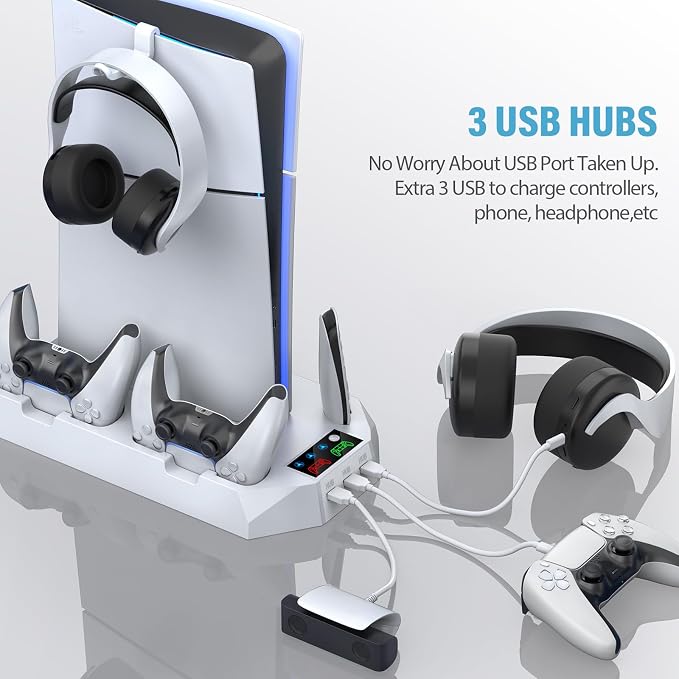 PS5 Slim Stand and Cooling Station with Controller Charging Station for Playsation 5 Slim&Standard Disc/Digital Console, PS5 Accessories Incl. Controller Charger/Turbo Fan/3 USB Hub/Headset Holder - Image 5
