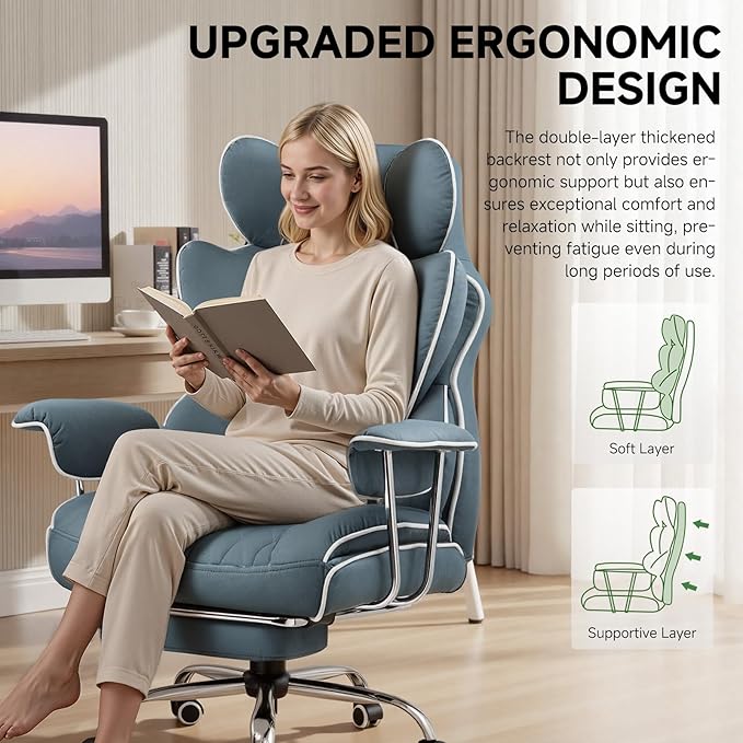 COMHOMA Big and Tall Gaming Chair with Pocket Spring Lumbar Support, Ergonomic Office Chair with Footrest, Executive Desk Chair with Outward Fixed Soft Armrests, Computer Chair with High Back, Blue - Image 5
