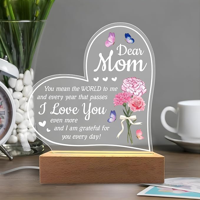 Carnation Heart Shape 3D Crystal Acrylic Light with Wood Stand, LED Night Light for Kids Room Decor, Gift for Mom on Birthday or Holiday, Home Decor Art Display - Image 5