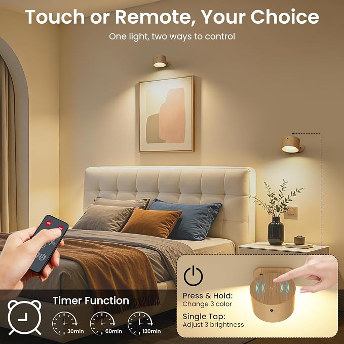 Koopala 3PACK Rechargeable LED Wall Sconce, Cordless Battery with Remote Powered Wall Sconce, 3 Brightness Levels, 360° Swivel Magnetic Shade for Reading Bedside, Wood Grain Color. - Image 4
