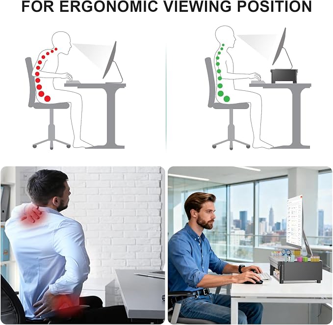WALI Computer Monitor Stand with Storage and Pen Holder | 3 Height Adjustable Desk Organizer with Drawer, Laptop Monitor Riser for Computer, Laptop, Printer(PTT003-B), 1 Pack, Black - Image 6