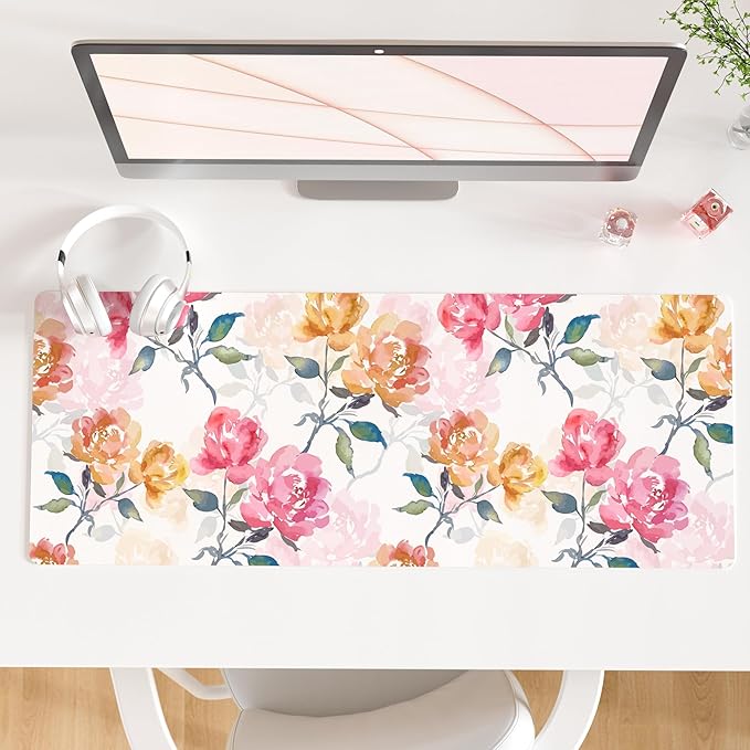 QiyI PU Leather Large Mouse Pad, Office Desk Mat, 31.5" x 11.8", Peonies | Desk Décor Accessories, Extended Size, Waterproof & Easy to Clean, Smooth Surface, Non Slip Desk Organization by QIYI