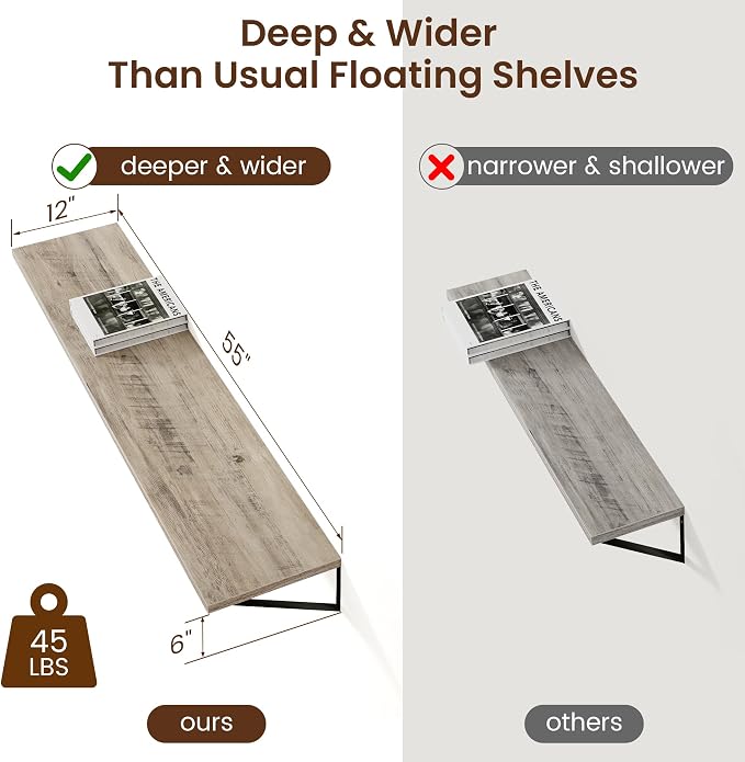Axeman 12 Inch Deep Floating Shelves for Wall - 55 Inch Wide x 12 Inch Deep Wall Shelves Set of 2 - Rustic Grey Wood Floating Shelves for Living Room - Image 3