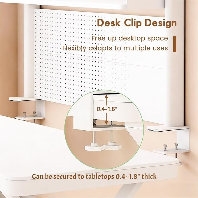 Clamp On Desk Shelf Organizer with Pegboard Desk Hutch Dorm with Storage Bookshelf Desk Top Organizer Shelf Multi-Purpose White & Black Desktop Shelves & Office Shelves (White, W - 31.5") - Image 6