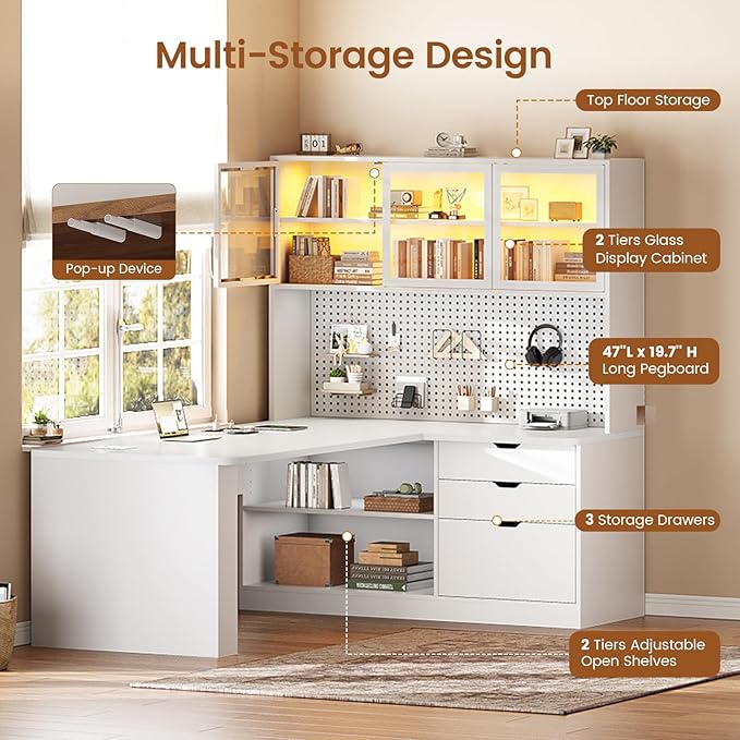 SEDETA L Shaped Corner Gaming Desk with 3 Wood Drawer and Large Bookshelf | L Shaped Computer Desk with LED Light, Display Cabinet and Pegboard for Home Office, 27.5" W Large Desktop Table, White - Image 5