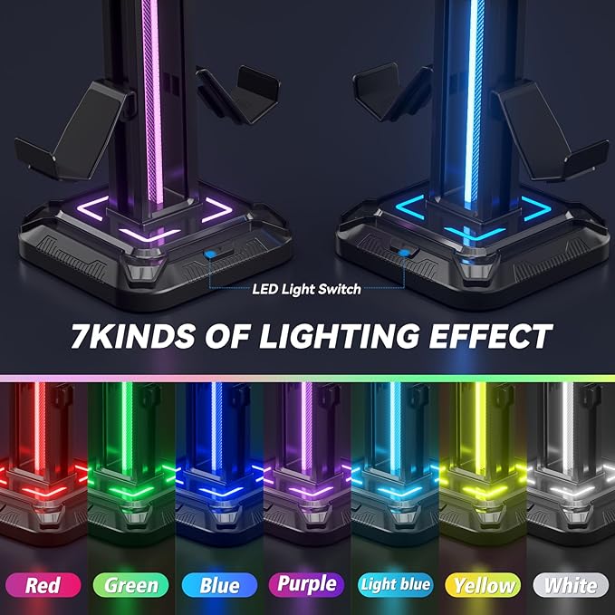 KDD RGB Headset Stand with 9 Light Modes - Controller Holder for Desk - Rotatable Headphone Stand & Detachable Controller Hook for PC Earphone Accessories(Black) - Image 3