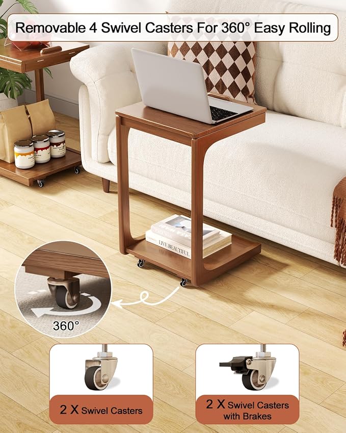 AQIMUELE Wooden C-Shaped End Table,Couch Table with Adjustable Desktop,Small Rolling Side Table with 2 Lockable Wheels,Small End Table for Couch, Living Room,Bedroom (Walnut) - Image 3