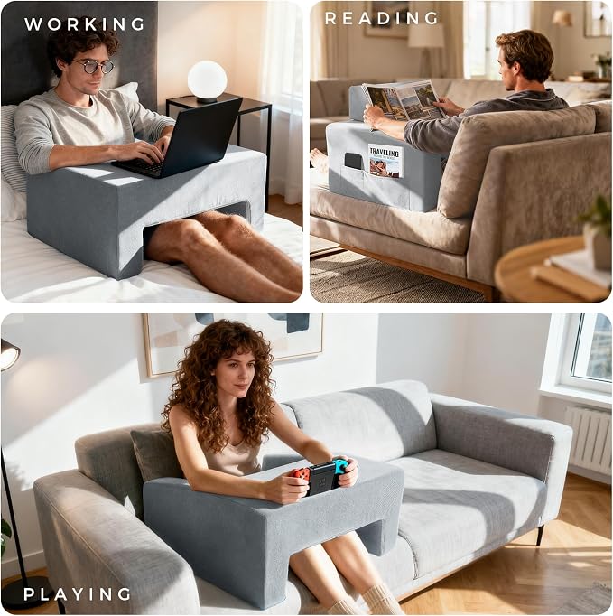 Reading Pillow for Gaming Lap Desk Pillow for Laptop with Cup Holder Pocket Foldable Memory Foam Bed Desk for Reading Working Crocheting Gaming Arm Rest on Bed/Sofa/Floor/Couch/Car(grey foldable) - Image 4