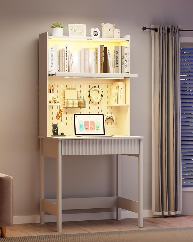 HNEBC White Computer Desk - with Power Outlets & Chariging Station,Small Writing Desk with Hutch and Drawers,66.3''H Office Desk with Pull-Out LED Lights,Pop-up Glass Door,Pegboards,Bedroom - Image 9
