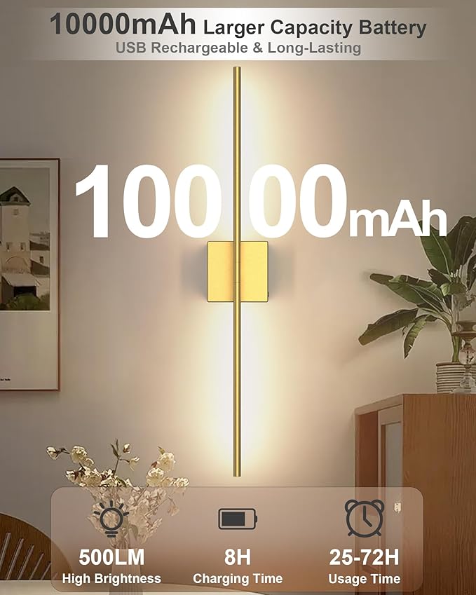 Battery Powered Wall Sconce Set of Two: Gold Wireless Rechargeable Wall Lights with Touch and Remote Control, 360°Rotatable 4CCT Dimmable Cordless Scone Lighting Decor for TV Wall Bedroom Bathroom - Image 3