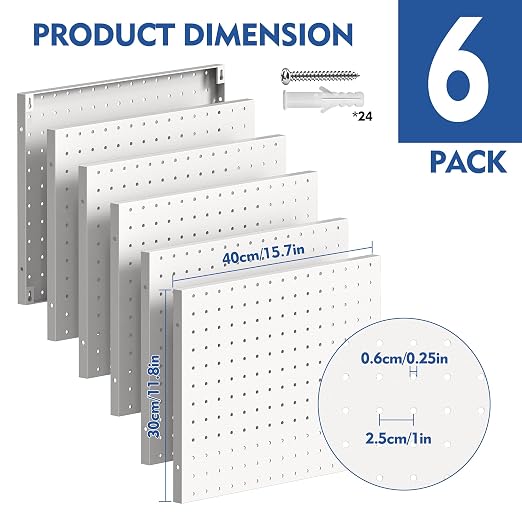 Pegboard Organizer 6 Pack 15.7'' x 11.8'' Metal Peg Board Wall Control Pegboard for Garage Gaming Room Entryway Kitchen Tool Storage, White - Image 2