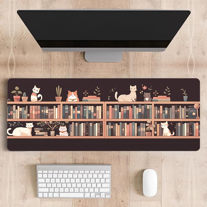 Cute Desk Mat for Keyboard Desktop Extra Large Mouse Pad, Cat Book | Desk Top Computer Deskmat, XL, XXL, Long, Aesthetic, Modern Girly Design, for Women, Girls, 30"x12" - Image 6