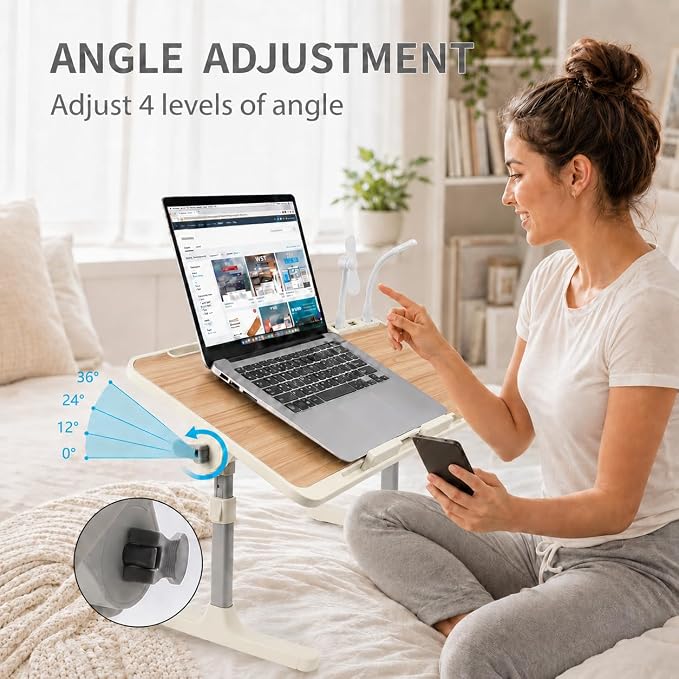 Laptop Desk for Bed, Height & Angle Adjustable Lap Desk with USB Cooling Fan, LED Light and USB Ports, Foldable Portable Laptop Table for Couch, Sofa, Floor, Reading, Writing (Walnut) - Image 4