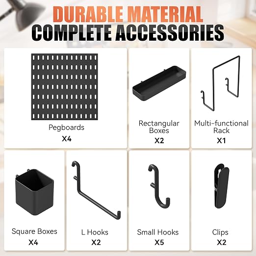 Wall Organizer Set 4 Pack 11"x11" No-Drill Peg Board Pannels with 16 Hooks & Bins Modular Pegboard Wall Organization for Gaming Room Home Office Craft Room and Kitchen, Black - Image 2
