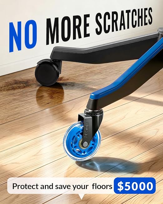 HOLKIE Gaming Chair Wheels Blue Roller Blade Rubber Caster 3 Inch Set of 5 for Carpet Hardwood Floors - Image 3