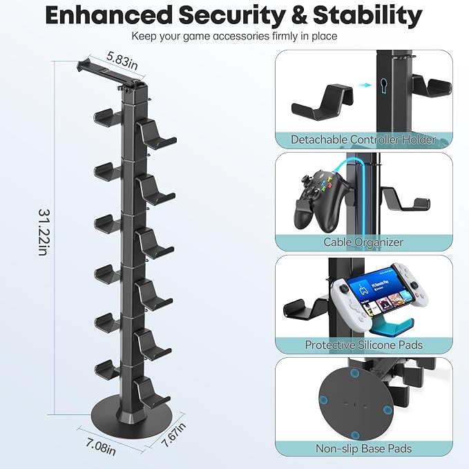 Gaming Controller & Headset Holder Stand for Desk, with Charger Cable Organizer Headphone Stand for PS5/ Xbox/ PS4/ Switch, Metal Base Controller Hook for Storage with 360° Rotatable Hanger- 6 Tiers - Image 3