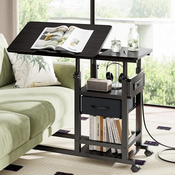 DAPOTUG Adjustable Overbed Bedside Table with Wheels, Charging Station by DAPOTUGI