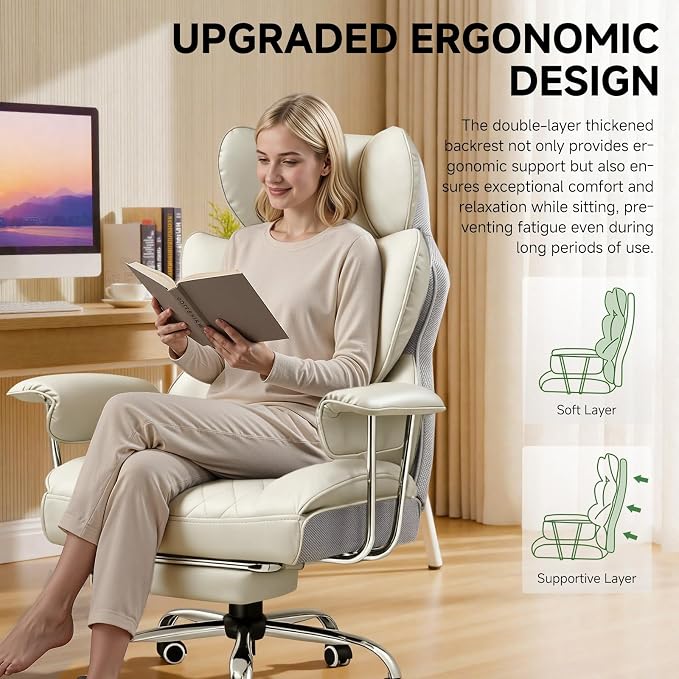COMHOMA Big and Tall Office Chair, High Back Leather Gaming Chair with Footrest, Executive Ergonomic Office Chairs with Pocket Spring Lumbar Support and with Outward Fixed Soft Armrests - Image 5