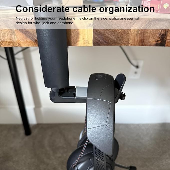 Rotating Headphone Stand, Gaming Headset Stand, Headphone Hanger Hook Under Desk with 360 Degree Swivel & Cable Clip Organizer, Adjustable Clamp-on Headset Holder Mount Hook, Space Saving, Black - Image 4