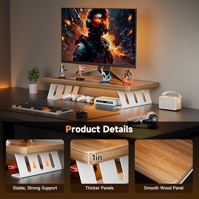 Monitor Stand Riser, 24 Inch Wood Desk Monitor Riser for Laptop/PC/Printer | Computer Monitor Stands with Storage for Desk, Desktop Stands Organizer for Home Office, Holds 220 LBs Load, Light Walnut﻿ ﻿ - Image 2
