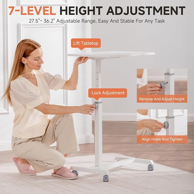 GTPLAYER Small Standing Desk, 24 Inches Mobile Rolling Laptop PC Table with Lockable Casters, Adjustable Height Overbed Bedside Table Computer Workstation for Home Office, White-Fixed - Image 5