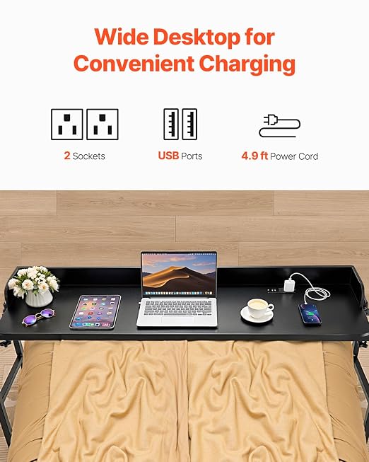 VEVOR Overbed Table, Mobile Bed Side Table with 4 Wheels (2 with Brakes) and Power Socket, Height Adjustable Rolling Laptop Desk, Portable Particleboard Over Bed Desk for Home, Office, Study, Black - Image 5