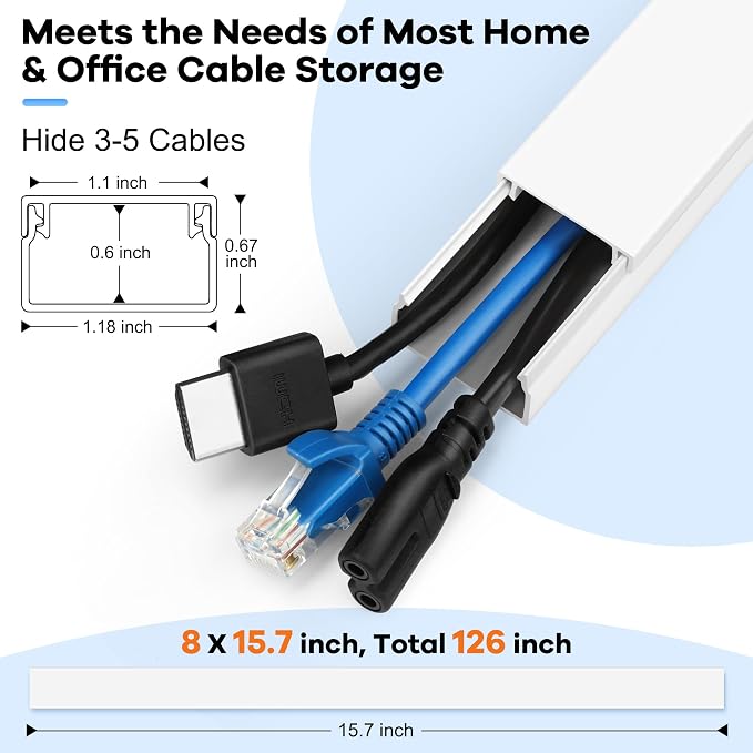 126in Cord Hider Kit (8 x L15.7in), ZhiYo Wire Hiders for TV on Wall, Paintable Cable Management Kit, Wire Cover for Wall Mount TV, Grey Cable Raceway, Cord Cover Wall Wire Management, W1.18in H0.67in - Image 2
