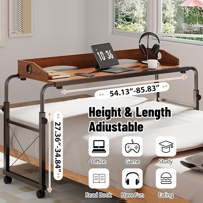Overbed Table with Wheels, Adjustable Queen & King Bed Desk, Oaken - Image 3
