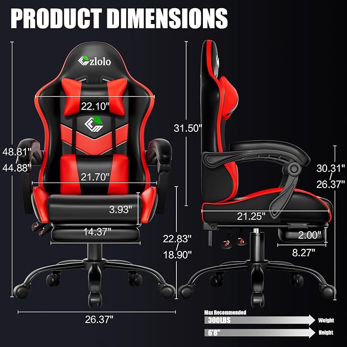 Czlolo Gaming Chair, Ergonomic Office Computer Chair with Footrest and Lumbar Support Massager High Back Video Gamer Chair, Wide＆Thick Cushion, 90°-135° Recline, Adjustable Height, Crimson - Image 2