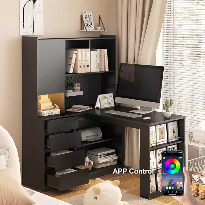 KEIKI L Shaped Home Office Desks with LED Light, Pegboard, Hutch, Drawers, Bookshelf & Storage Shelves, Modern Wooden Gaming Computer Corner Table for Work, Study, Writing - Image 4