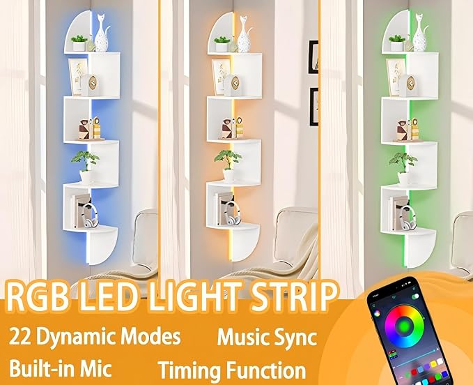 Waipfaru Corner Shelf, 5 Tier Bookshelf with LED Light, Corner Shelf Wall Mounted, Floating Shelves for Wall, Display Stand for Bedroom, Living Room, Bathroom, Home, Office, White - Image 2