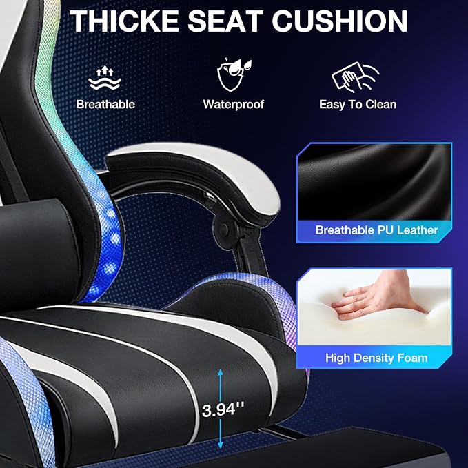 RGB Gaming Chair with LED Lights Massage Ergonomic Computer Chair-White | High Back Video Game Chair with Footrest & Adjustable Lumbar Support Gamer Chairs for Adults Racing Style Recline - Image 7